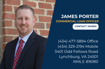 James Porter’s photo with title, contact info, address, and NMLS ID on a blue background.